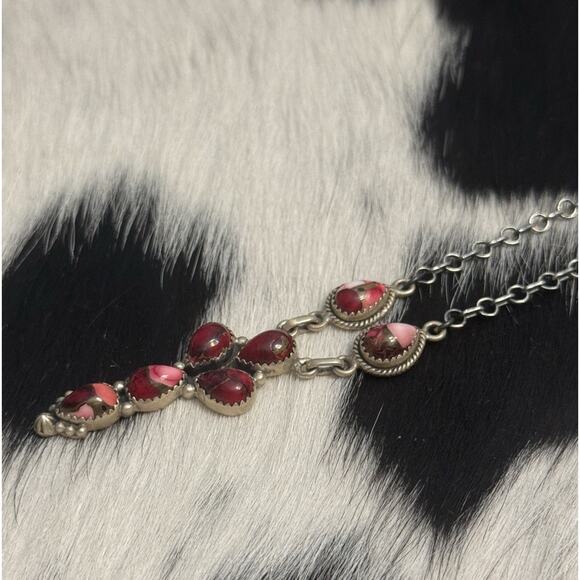 Native American Sterling Silver Multistone Red Rose Dahlia Lariat Necklace 18” - Picture 8 of 11